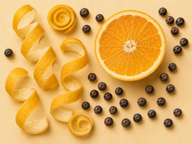 Lemon peel spirals, a halved orange and juniper berries on a warm gold surface.