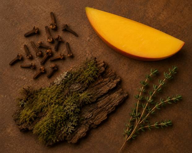 Cloves, a mango slice, moss-covered bark and thyme on dark brown.