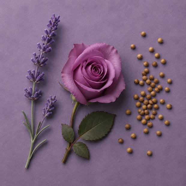 A lavender stem, a rose and coriander seed on muted violet.